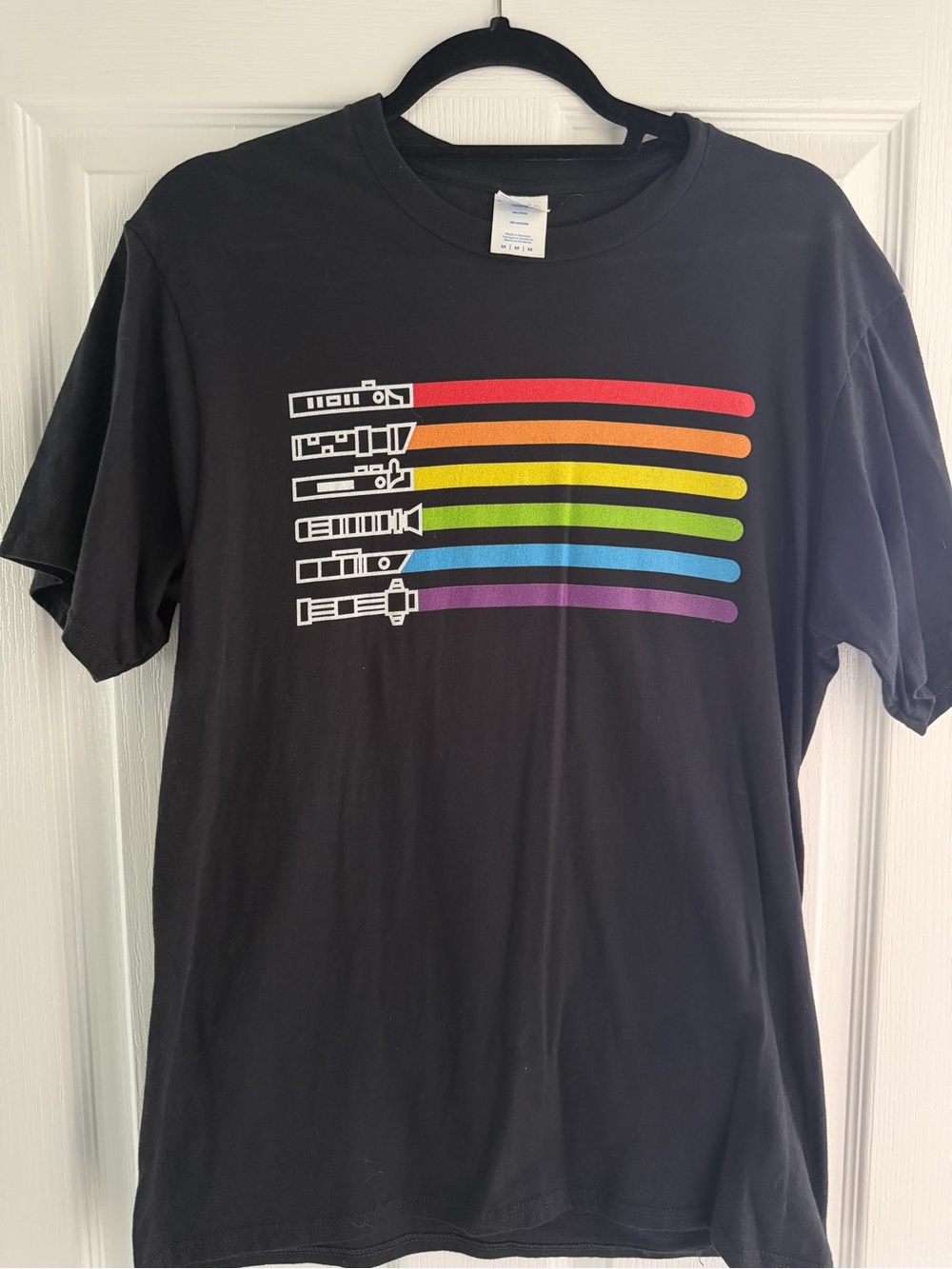 Black Men’s Graphic Tee with Rainbow Stripe Lightsaber Design